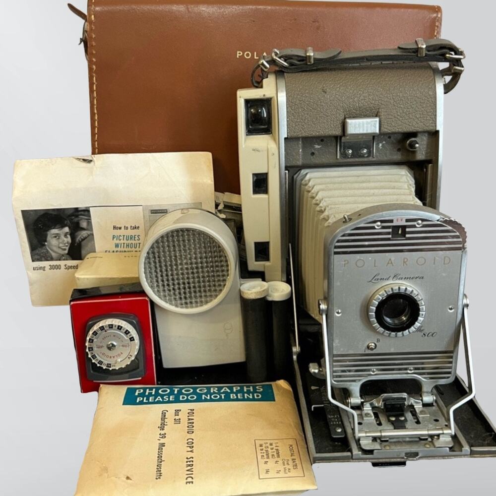 Vintage Polaroid 800 Land Camera With Light Attachment & Leather Case